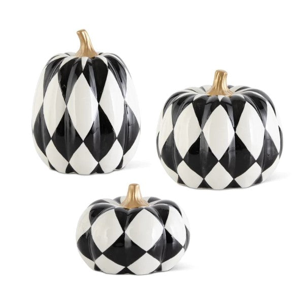 CERAMIC BLACK & WHITE HARLEQUIN PUMPKIN W/GOLD STEMS