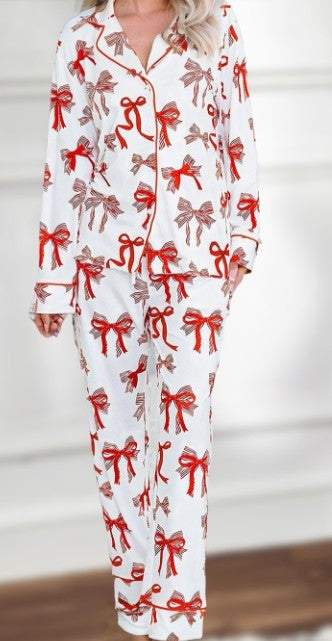 Christmas Bow Print Long 2pcs Pajama Set
