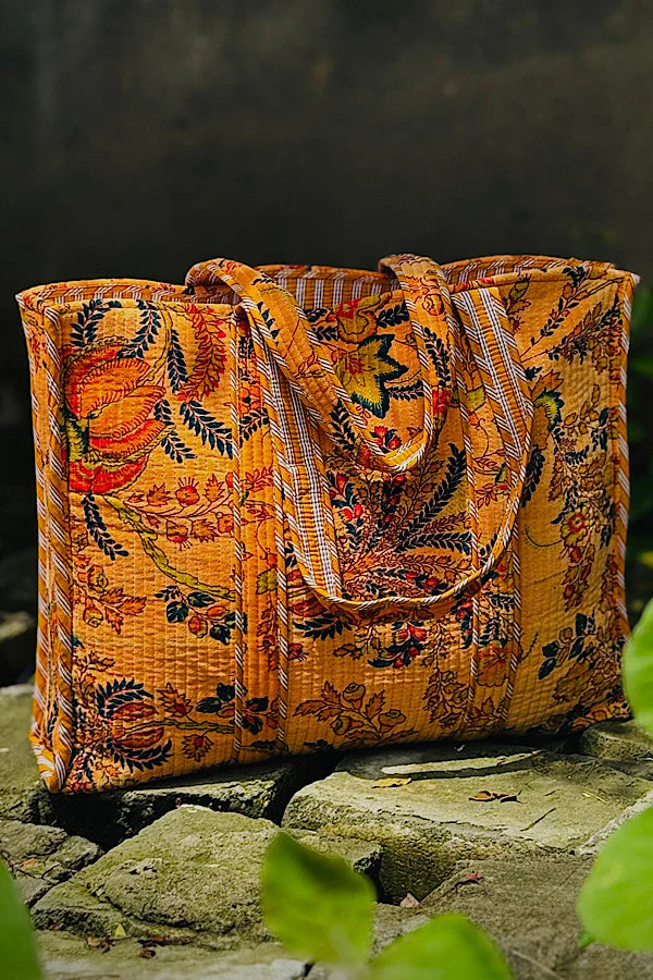 Bianca Orange Velvet Floral Tote Bag