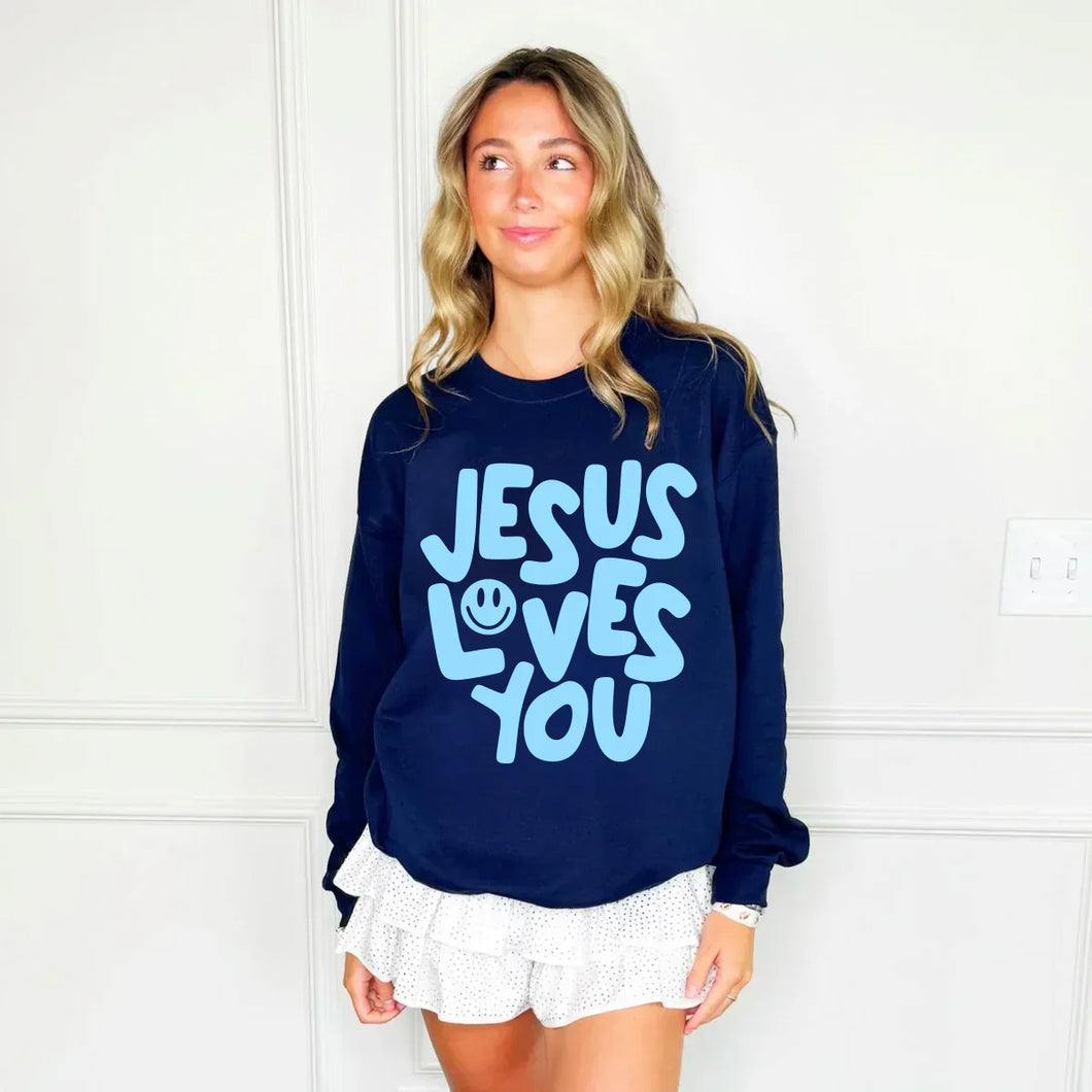 Smiley Jesus Loves You Puff Sweatshirt