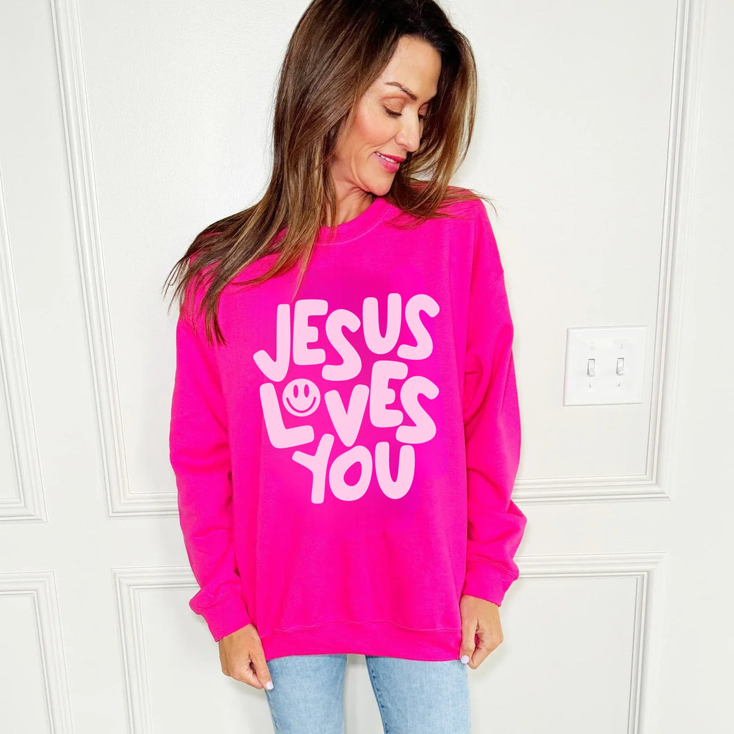 Smiley Jesus Loves You Puff Sweatshirt