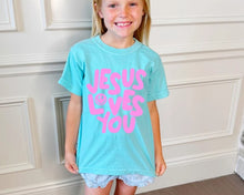 Load image into Gallery viewer, Smiley Jesus Loves You Puff Youth Tee
