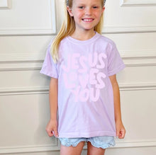 Load image into Gallery viewer, Smiley Jesus Loves You Puff Youth Tee
