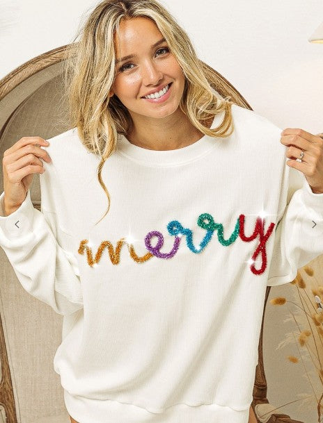 Merry Tinsel Lettering Two Tone Rib Pullover