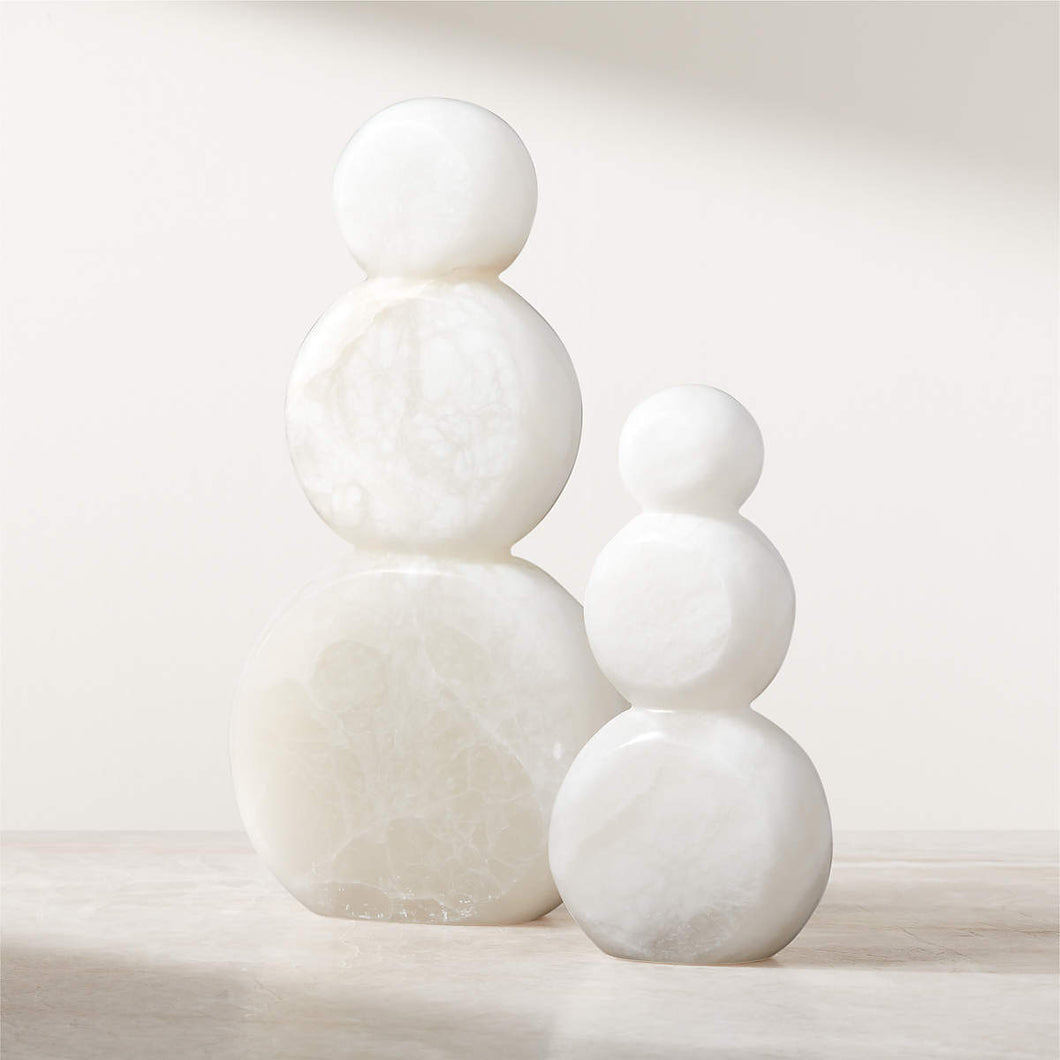 WHITE ALABASTER STONE HOLIDAY SNOWMAN