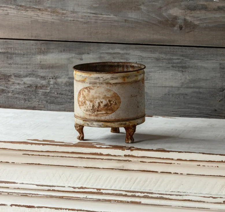 Burnished Pastoral Round Tole Container