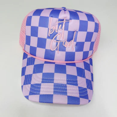 But God. Trucker Hat | Purple Checker with Pink