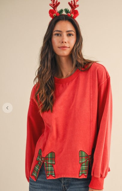Christmas Plaid Bow Embroidered Slit Sweatshirt