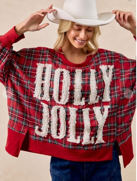 Holly Jolly Christmas Plaid Oversized Sweatshirt