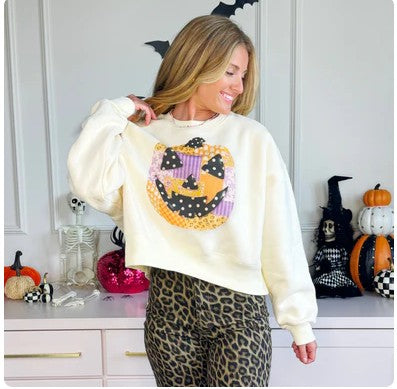 Patchwork Jack O Lantern Crop Sweatshirt