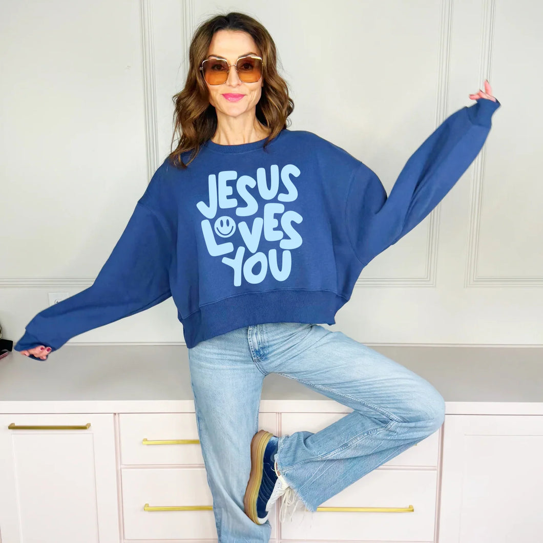Smiley Jesus Loves You Puff Crop Sweatshirt