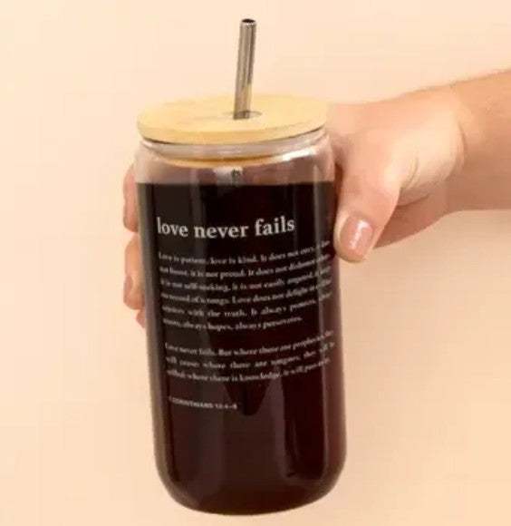 Love Never Fails Glass Can