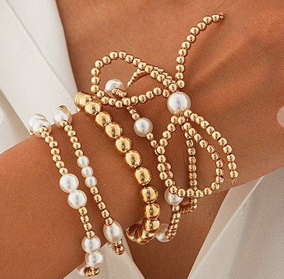 Multilayer Ball Chain Bead Pearl Bow Bracelet