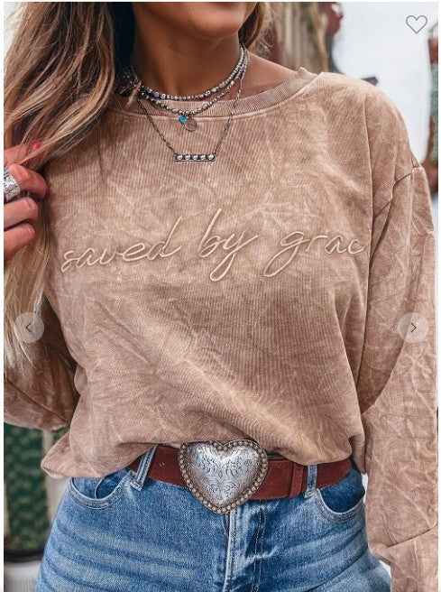 Letter Embroidery Mineral Wash Loose Sweatshirt