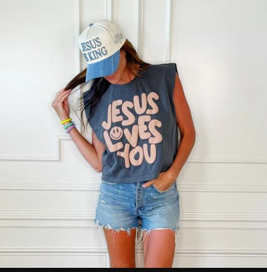 Smiley Jesus Loves You Puff Tank/ Black