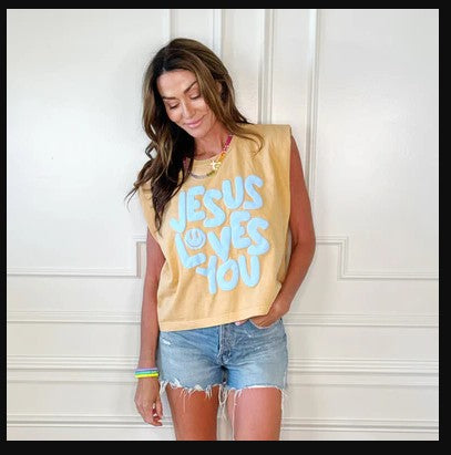 Smiley Jesus Loves You Puff Tank, Yellow