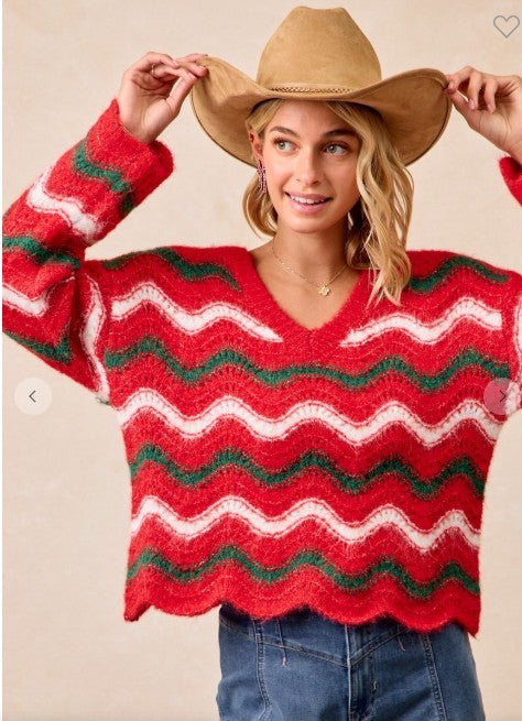 Christmas Wavy Stripes V-neck Sweater
