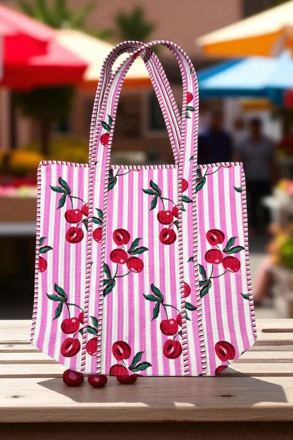 Sweet Pick Pink Cherry Stripe Tote Bag