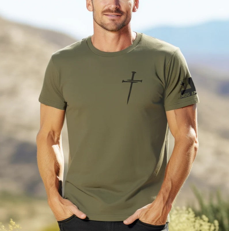 Three Nails Christian Graphic Tee - Heather Mil. Green