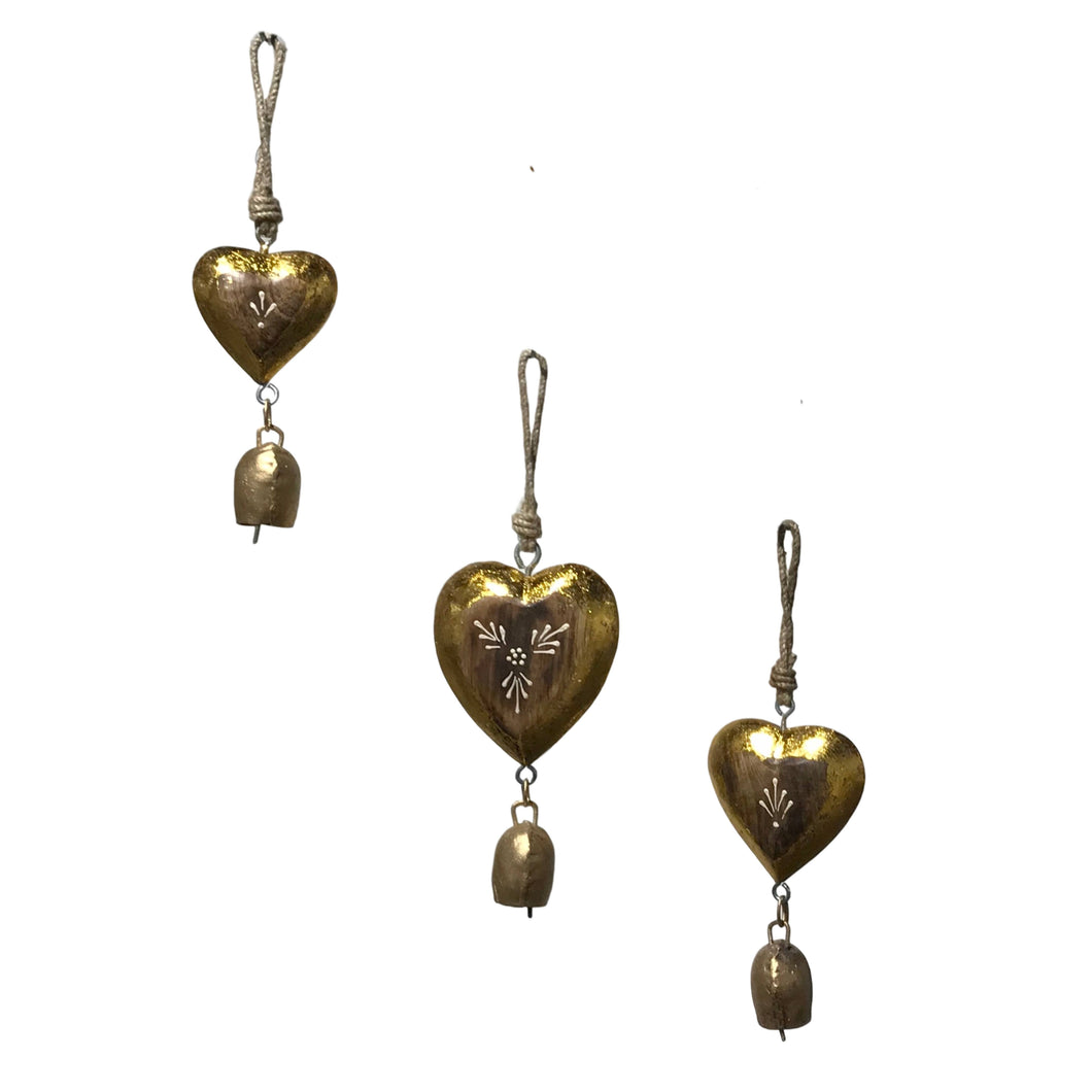 Hearts (3)  Set of 3 Solid Mango Wood Godiva Hearts Jingle Bells