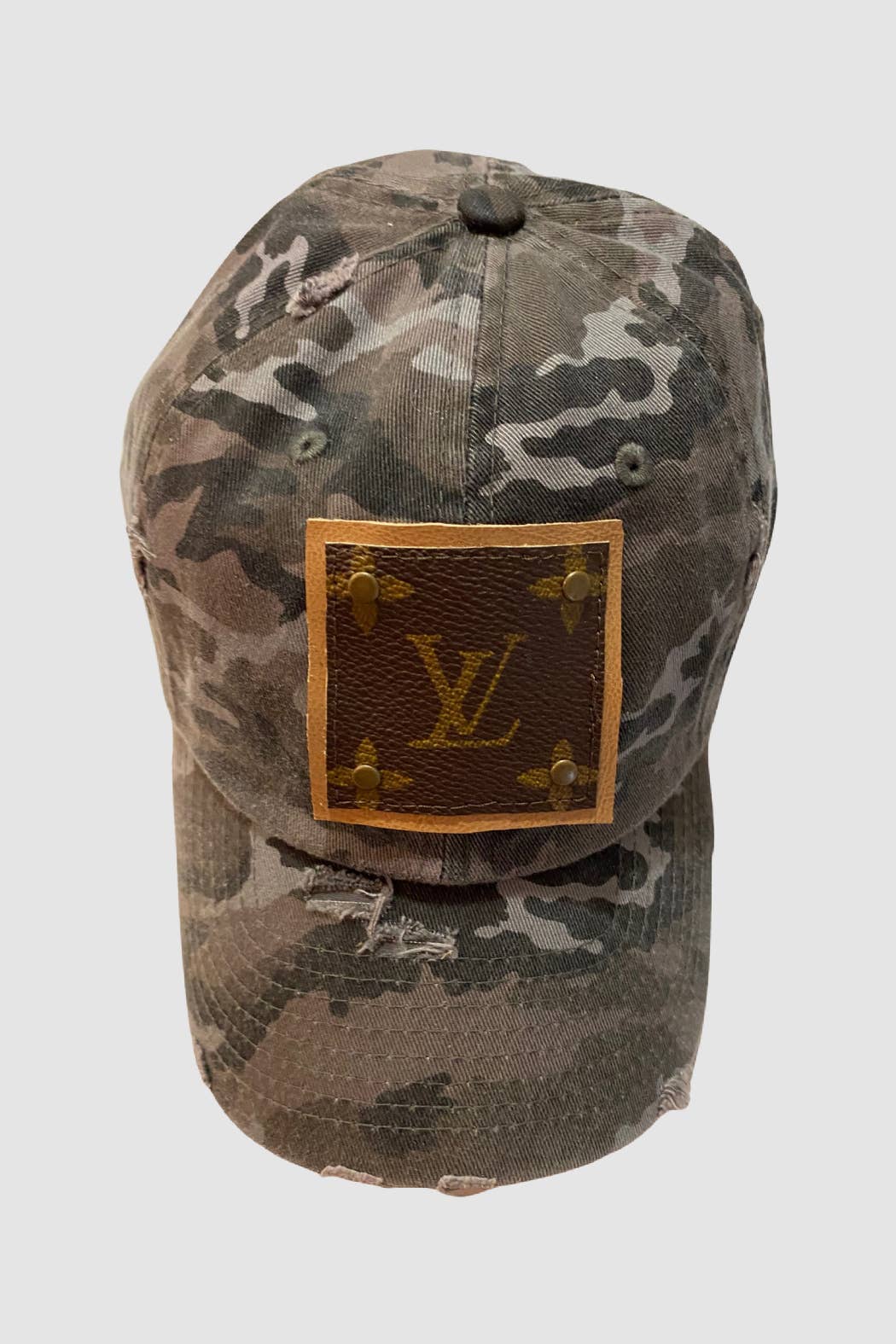 Up-Cycled Black Camo Cap w Authentic Louis Vuitton Materials