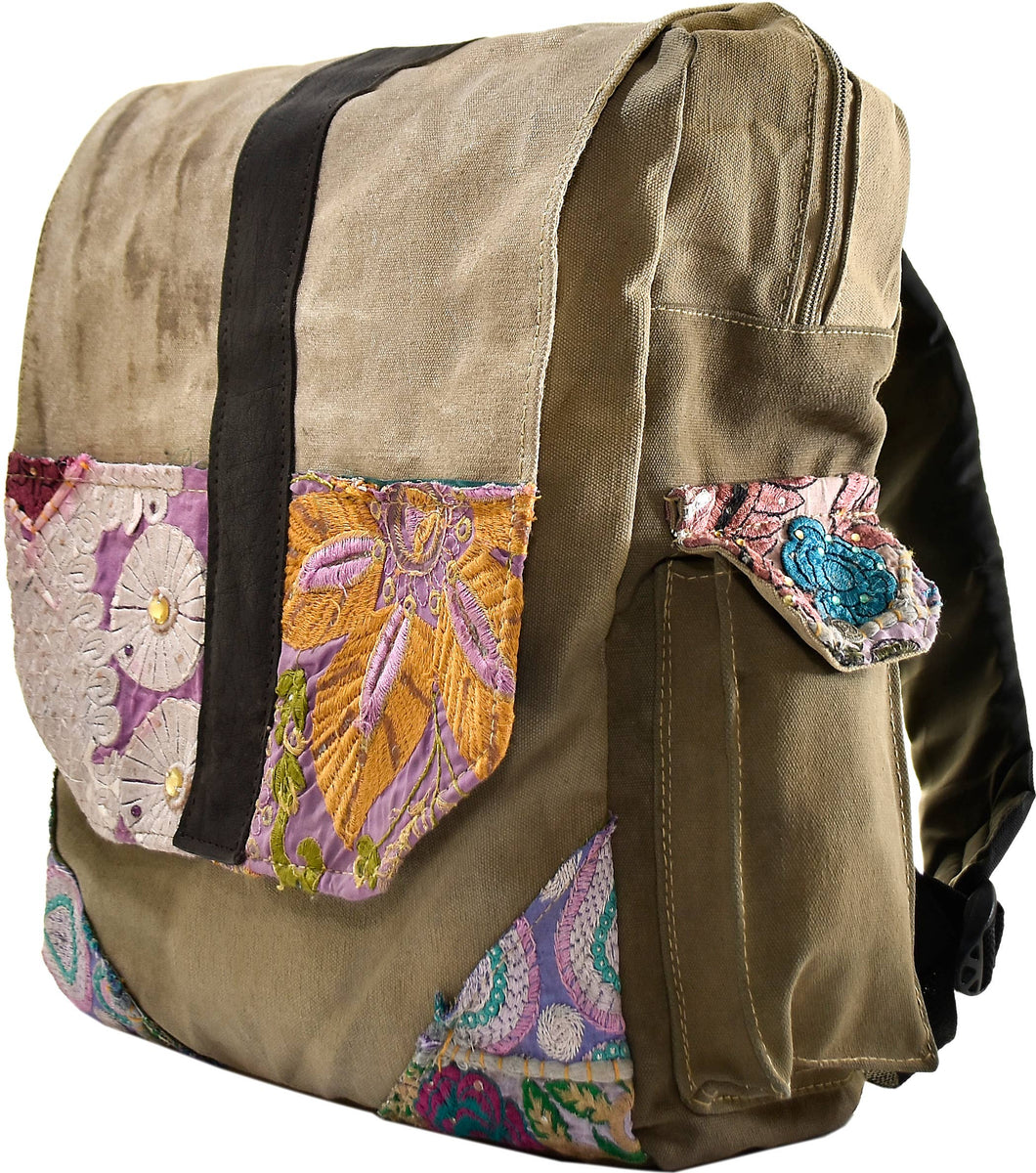 Recycled Military Tent Backpack with Vintage Fabric Trim