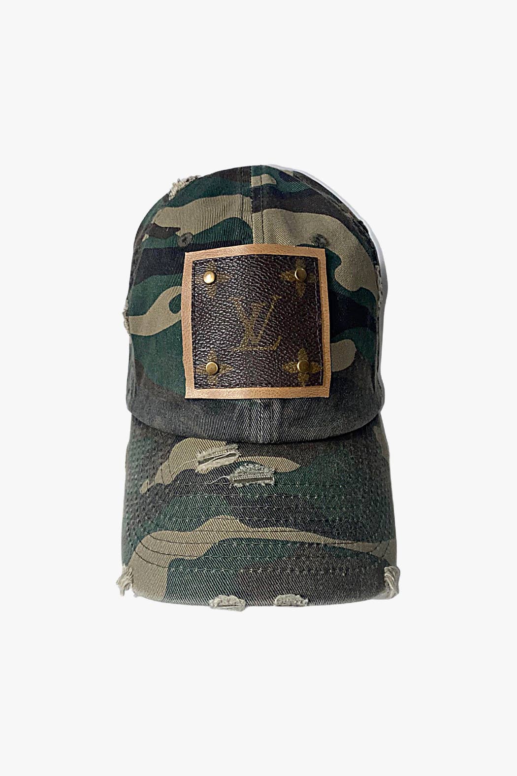 Up-Cycled Green Camo Cap w Authentic Louis Vuitton Materials