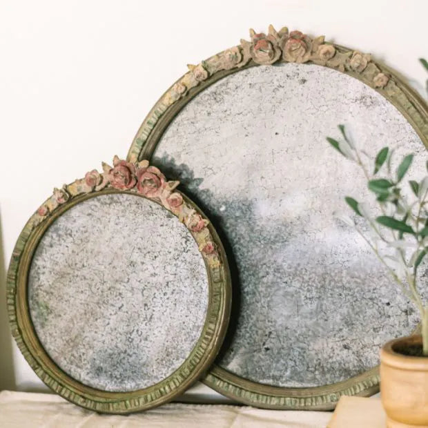 FLORAL FRAMED RUSTIC ROUND WALL MIRROR SET OF 2