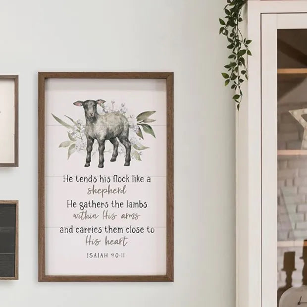 HE TENDS HIS FLOCK SHEEP ISAIAH 40 11 WHITE FRAMED WALL DECOR 10X16