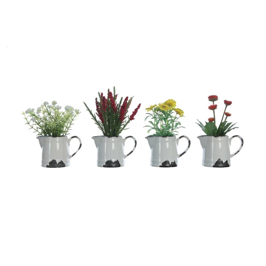 Faux Flowers in Distressed Pitcher, 4 Styles